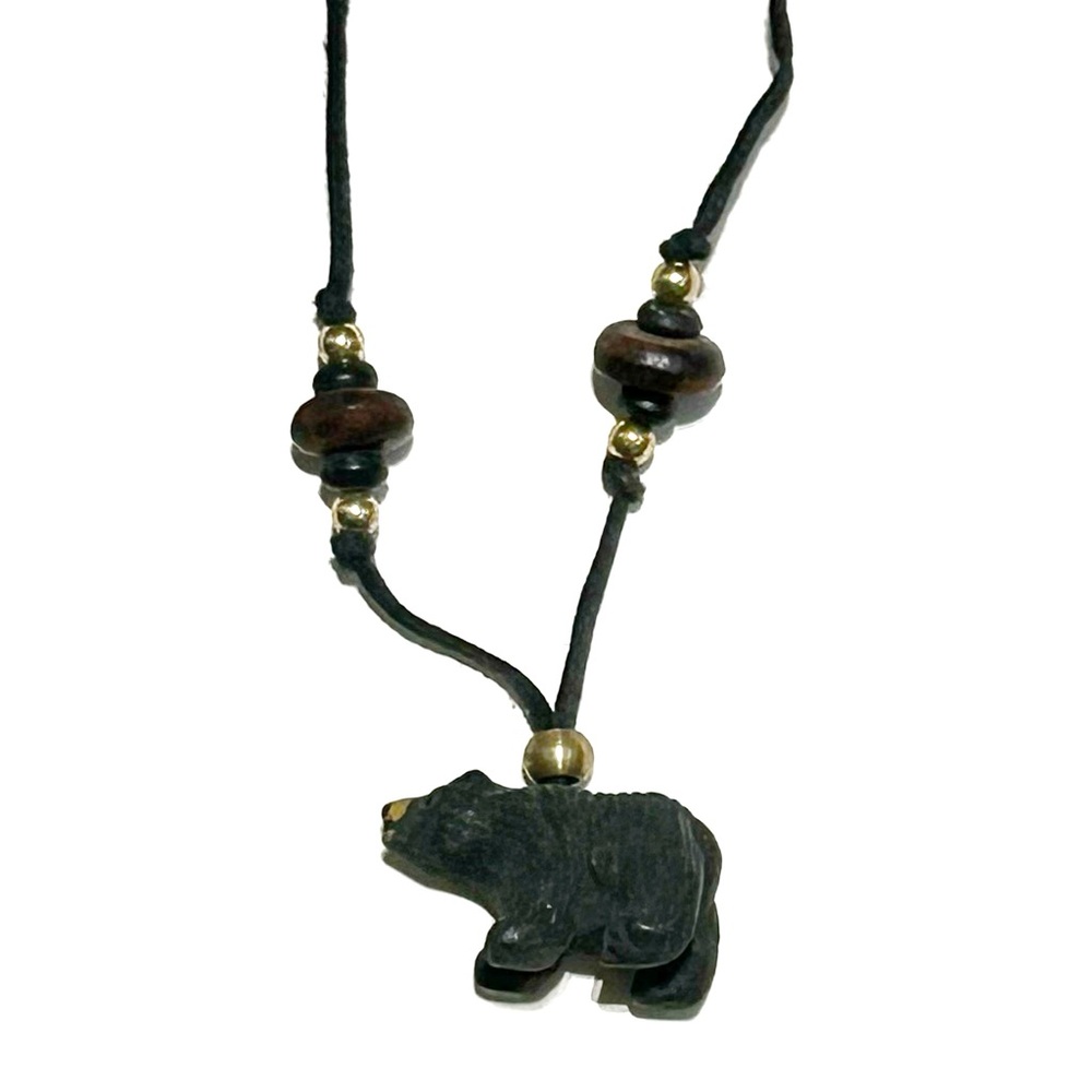 Artisan Carved Black Bear Pendant Necklace Beaded Fabric Rope Chain Brown Gold